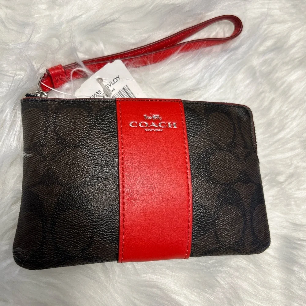 Coach Signature brown & red stripe Zip Wristlet New With Tags.  C - Picture 10 of 13